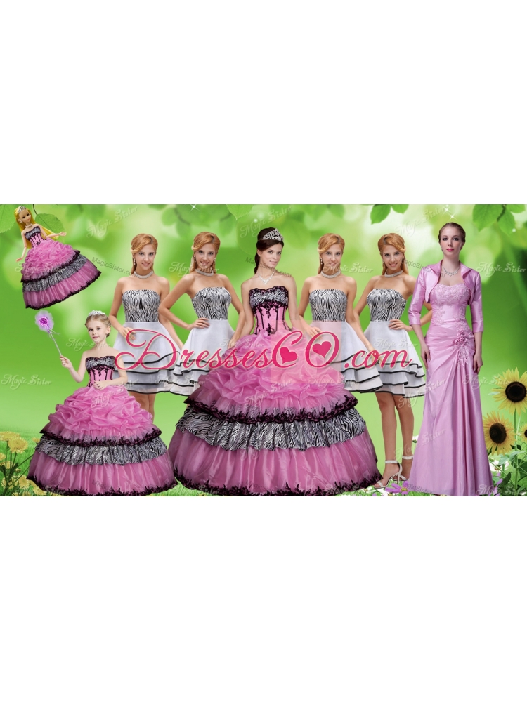 Luxurious Applique Zebra Rose Pink Quinceanera Dress and Strapless White Dama Dressand Pick Ups Mini Quinceanera Dress and Applique Mother of The Bride Dress