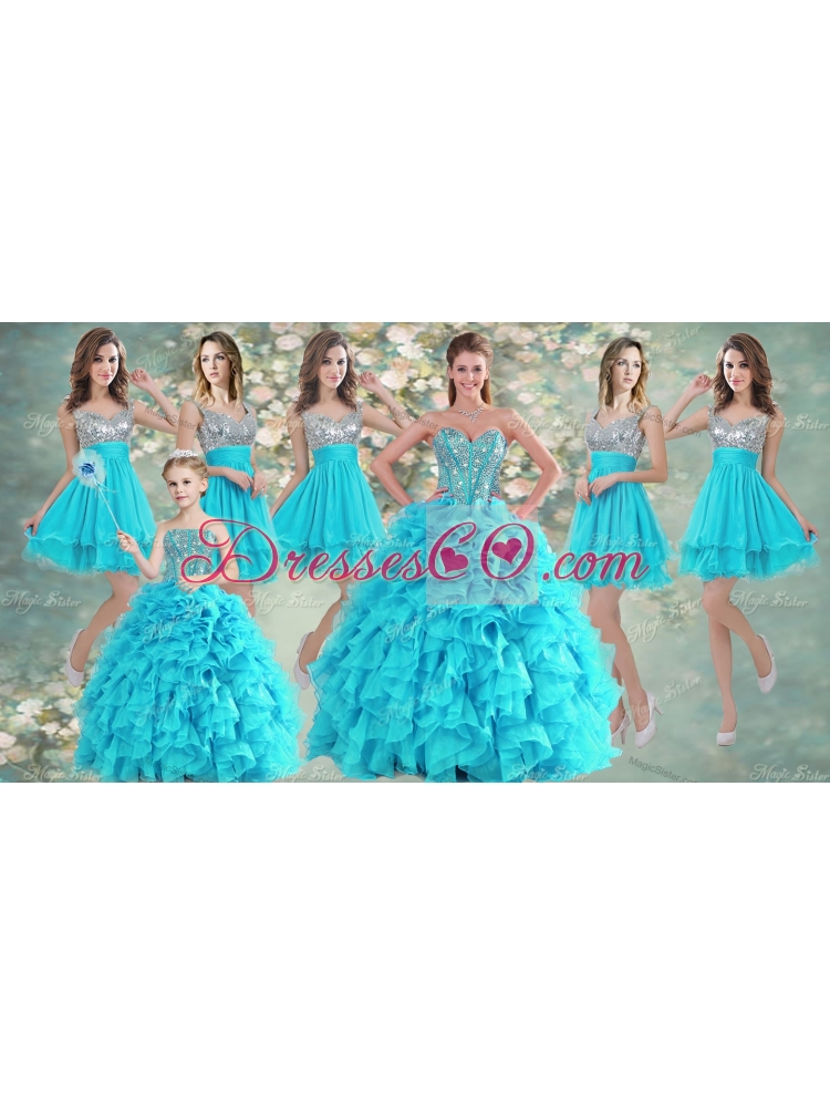 Visible Boning Aqua Blue Quinceanera Dress and Sequined Short  Dama DressBeaded and Ruffled Mini Quinceanera Dress