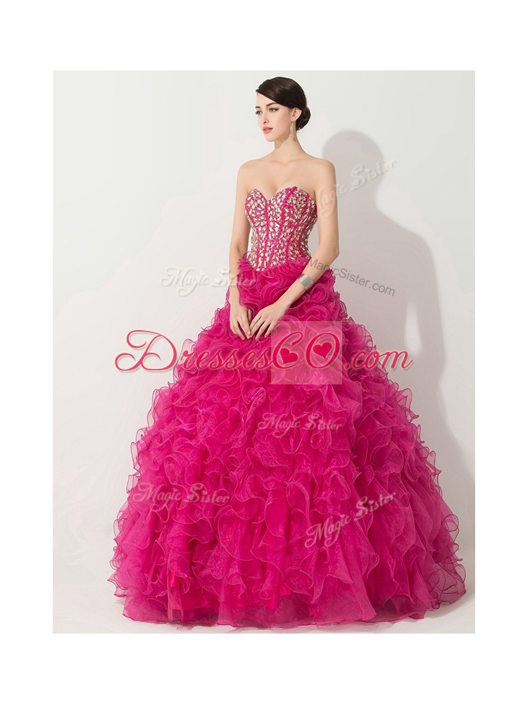 Visible Boning Hot Pink  Quinceanera Gown with Beading and Ruffles