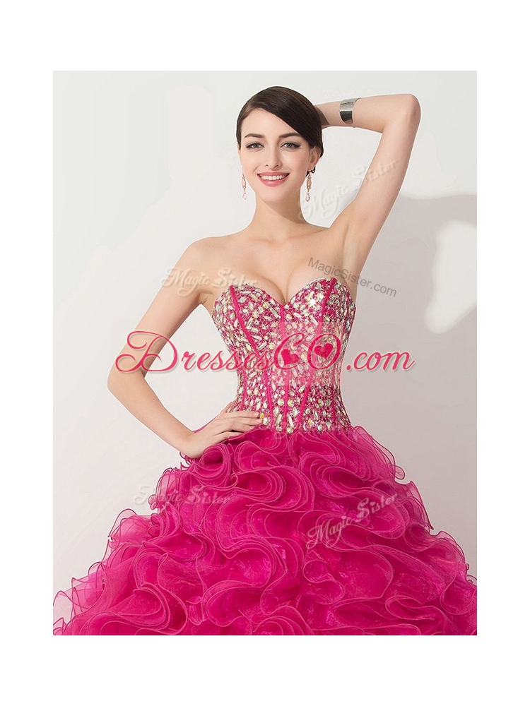 Visible Boning Hot Pink  Quinceanera Gown with Beading and Ruffles