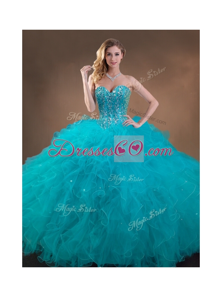Big Puffy Teal Sweet 16 Gown with Beading and Ruffles for