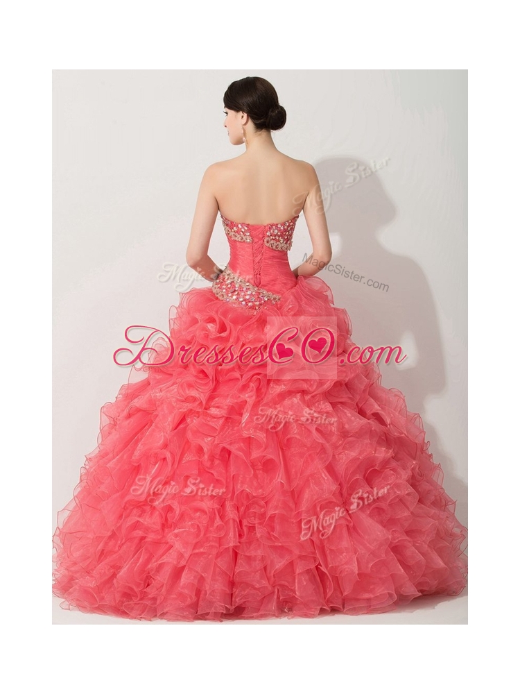 Princess Coral Red Sweet Sixteen Dress with Beading and Ruffles
