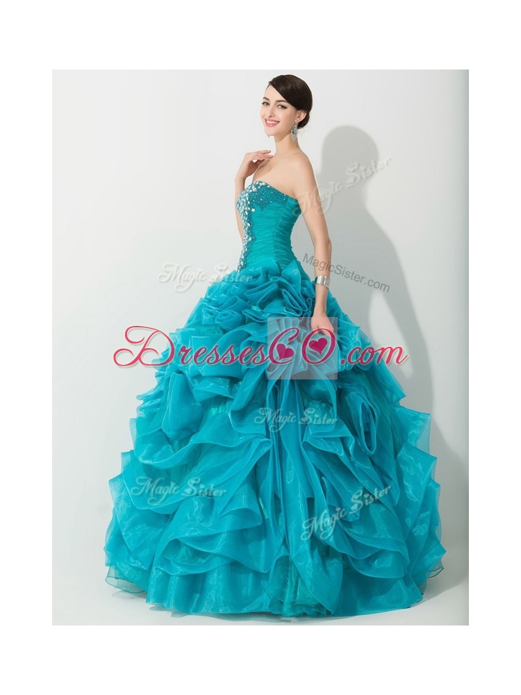 Princess Teal Sweet Sixteen Dress with Beading and Rolling Flowers