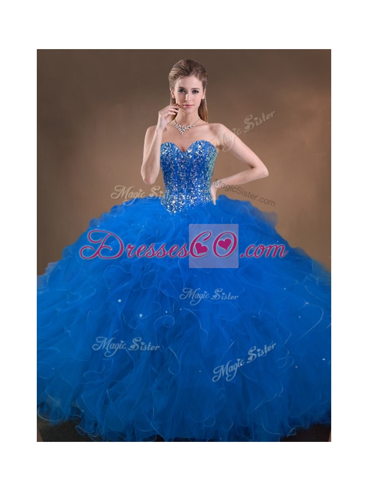 Perfect Big Puffy Beaded and Ruffled Sweet Sixteen Dress in Blue for
