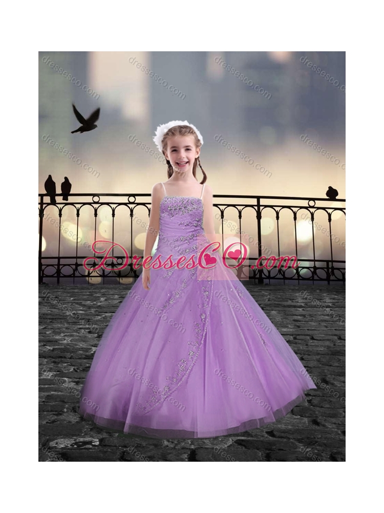 Spaghetti Straps Beaded Lilac Little Girls Pageant  Dress in Tulle