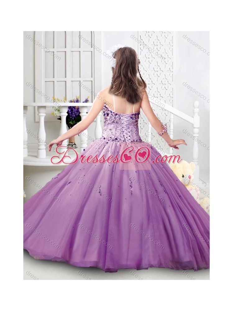 Hot Sale Spaghetti Straps Tulle Little Girls Pageant Dress with Beading