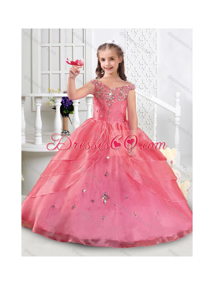 Cute Off the Shoulder Rose Pink Girls Party Dress with Beading
