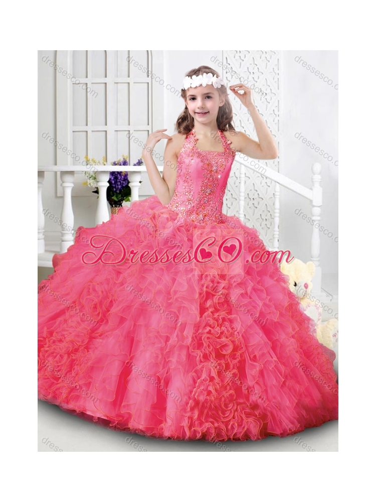 Elegant Halter Top Organza Little Girls Pageant Dress with Beading and Ruffles