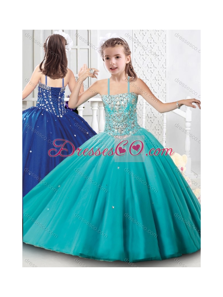 New Style Tulle Beaded Girls Party Dress with Spaghetti Straps