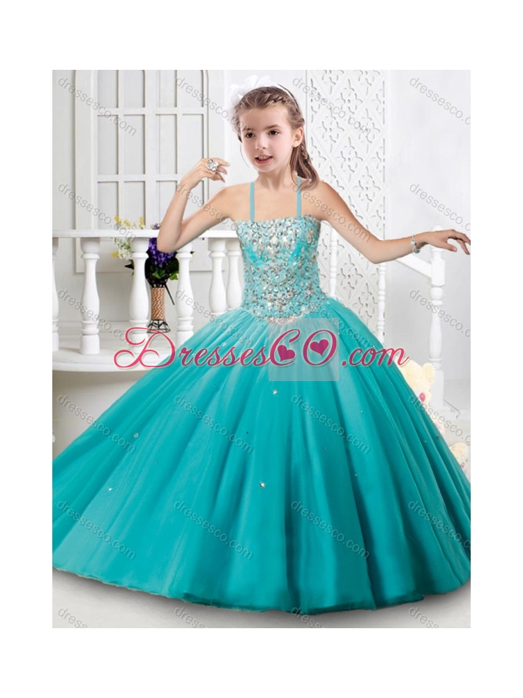 New Style Tulle Beaded Girls Party Dress with Spaghetti Straps
