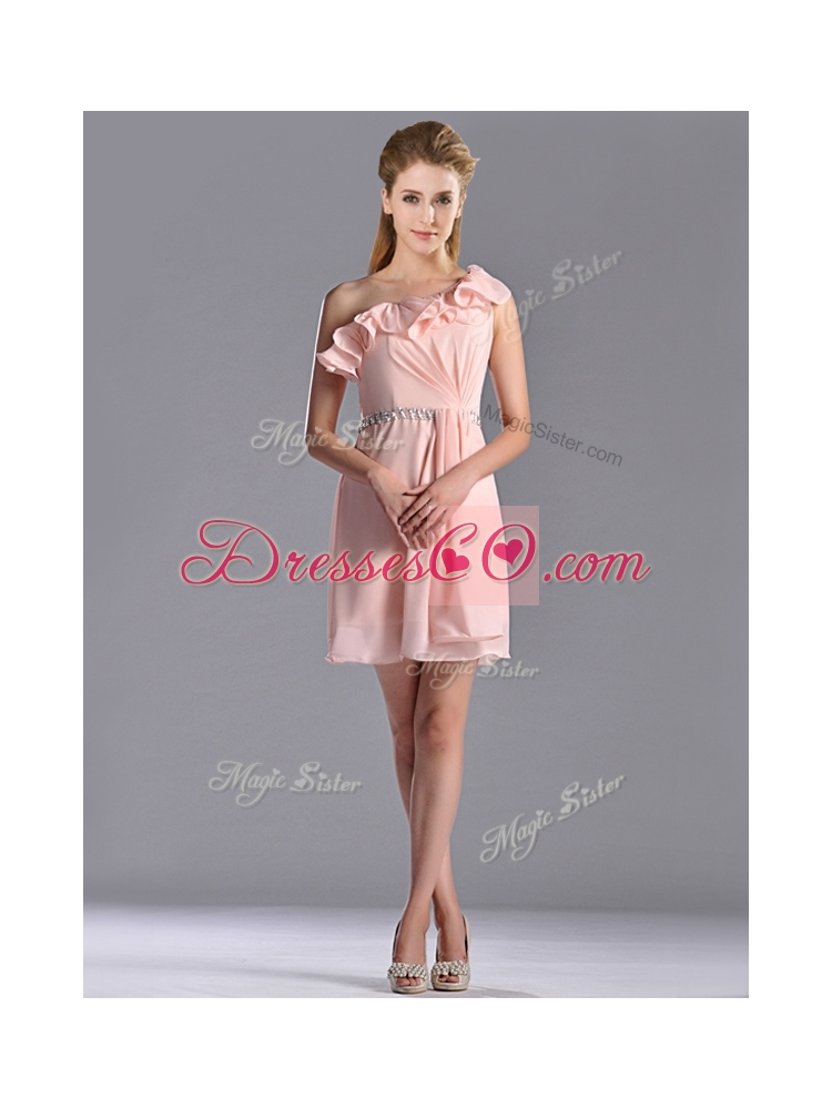 Latest Beaded and Ruffled Pink Dama Dress with Criss Cross