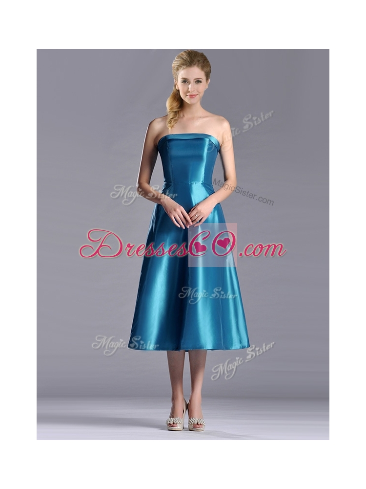 Luxurious A Line Strapless Tea Length Dama Dress in Teal