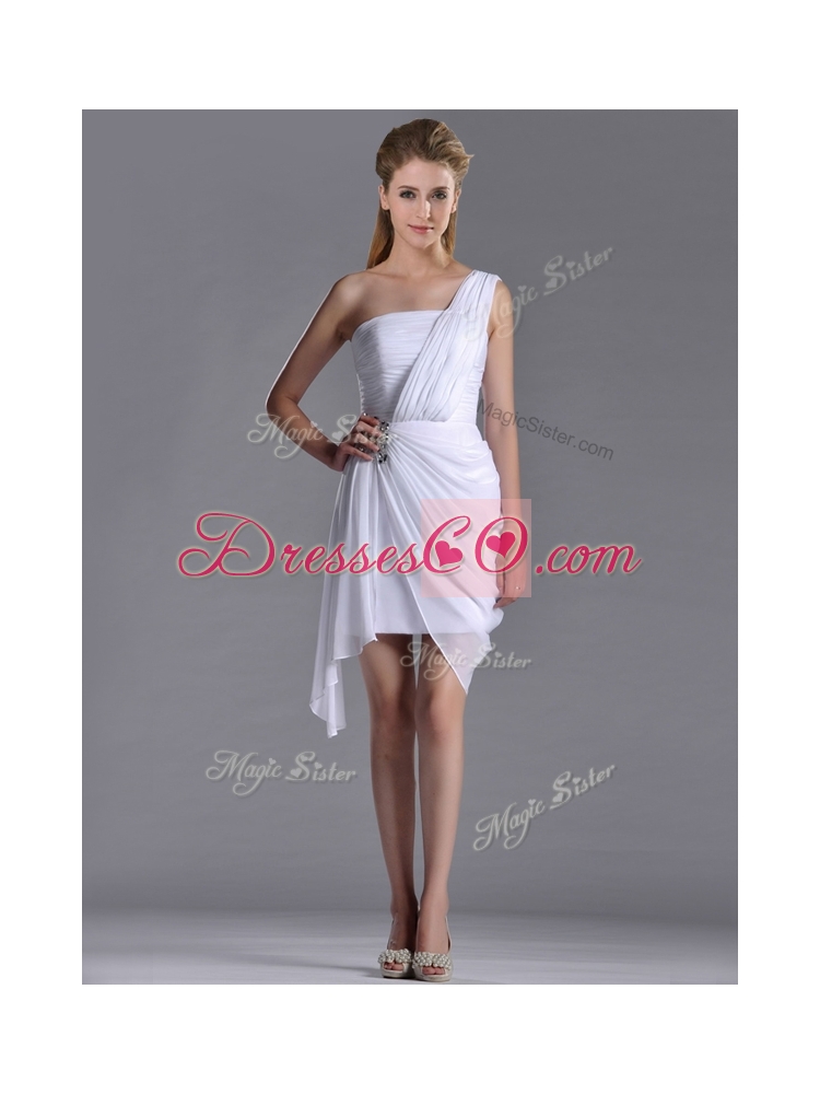Cheap Column One Shoulder White Short Dama Dress Quinceanera with Zipper Up