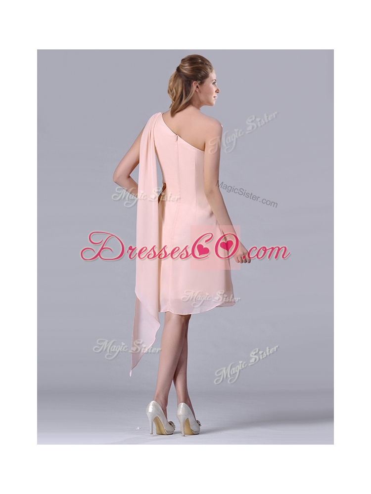 Cheap One Shoulder Chiffon Ruching Short Dama Dress Quinceanera in Pink