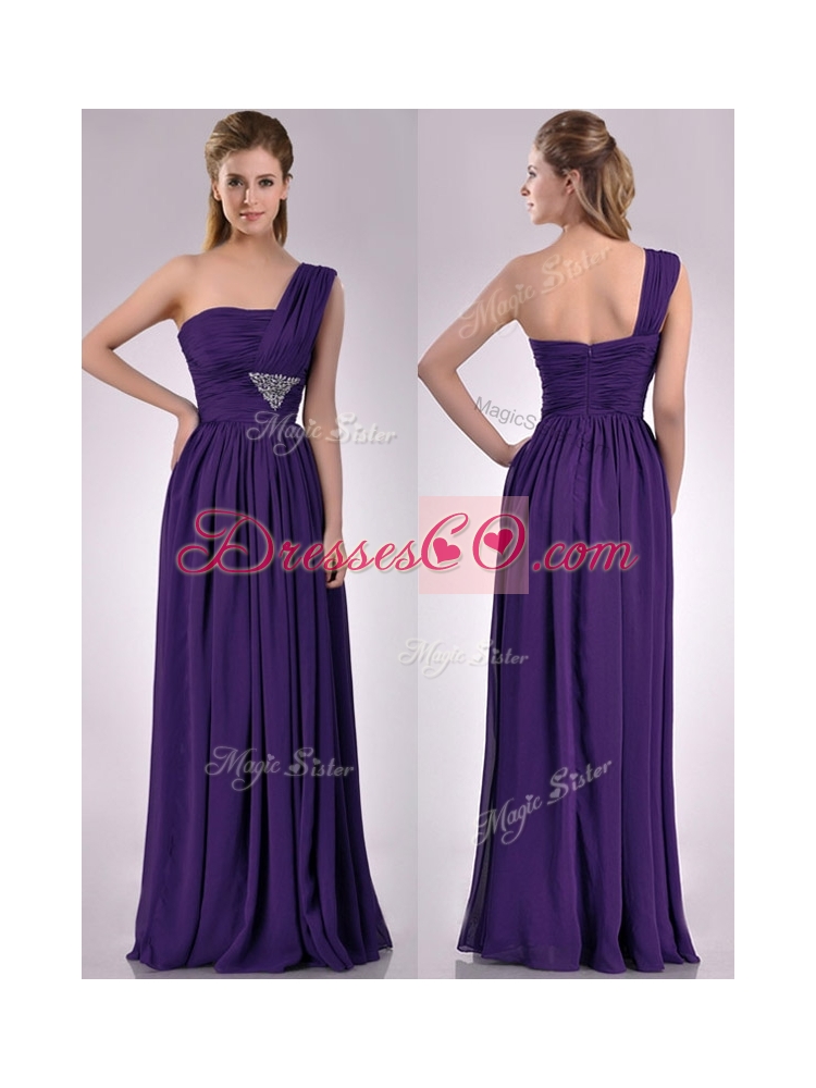Discount Empire Beaded and Ruched Dark Purple Bridesmaid Dress with One Shoulde