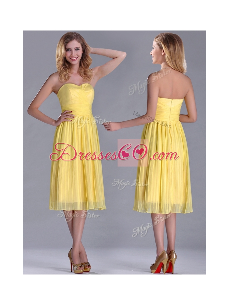 Discount Pleated Yellow Chiffon Dama Dress in Tea Length