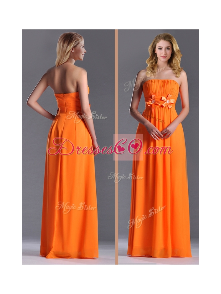 Empire Strapless Ruching Chiffon Long Dama Dress Quinceanera in Orange