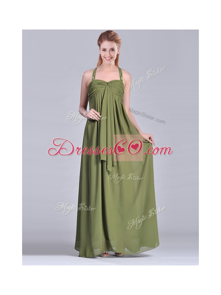 Latest Beaded Decorated Halter Top Discount Mother Dress in Olive Green