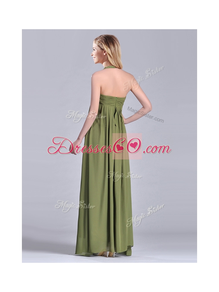 Latest Beaded Decorated Halter Top Discount Mother Dress in Olive Green