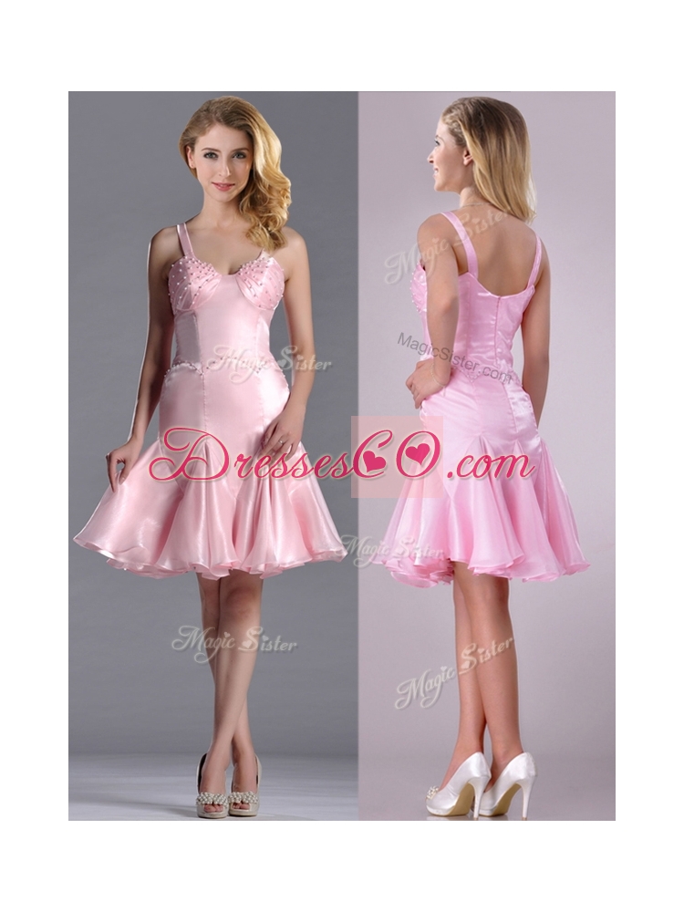 Lovely Beaded Bust Straps Short Dama Dress Quinceanera in Baby Pink