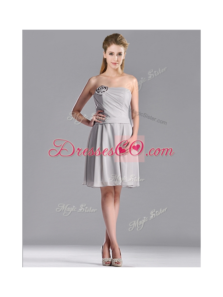 Lovely Empire Strapless Chiffon Grey Dama Dress with Hand Made Flower