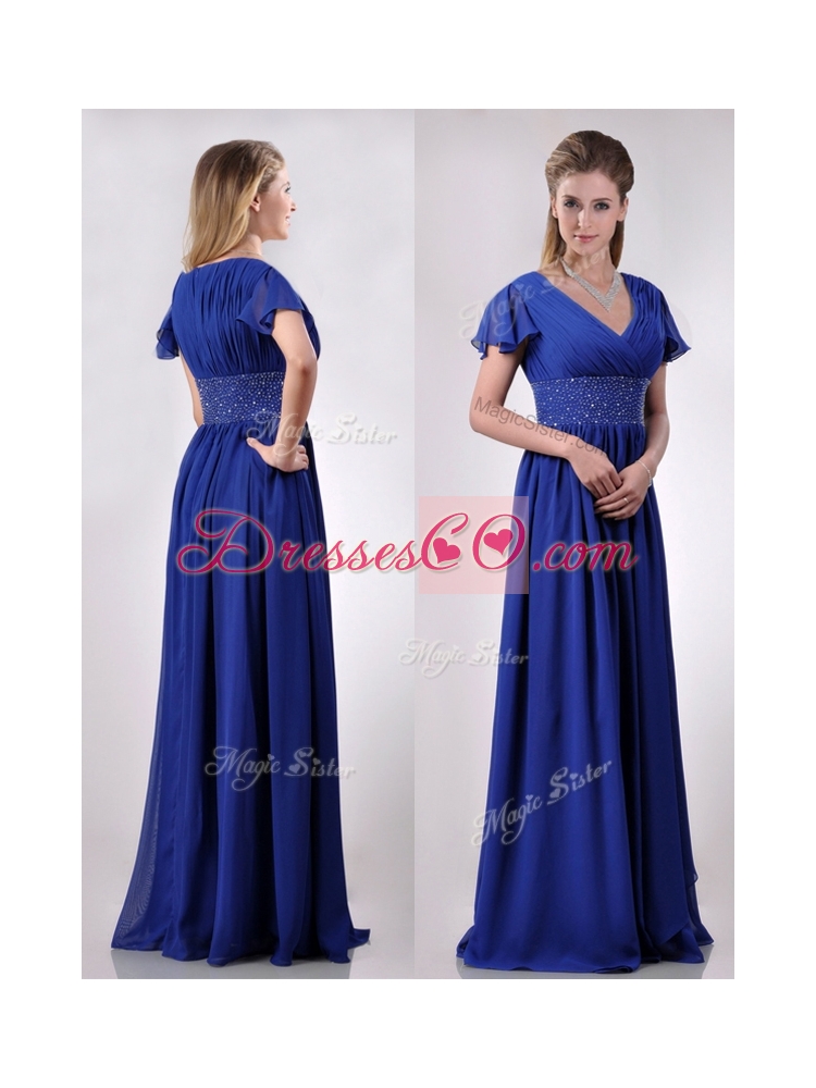 Low Price V Neck Beaded Blue Long Discount Mother Dress with Short Sleeves