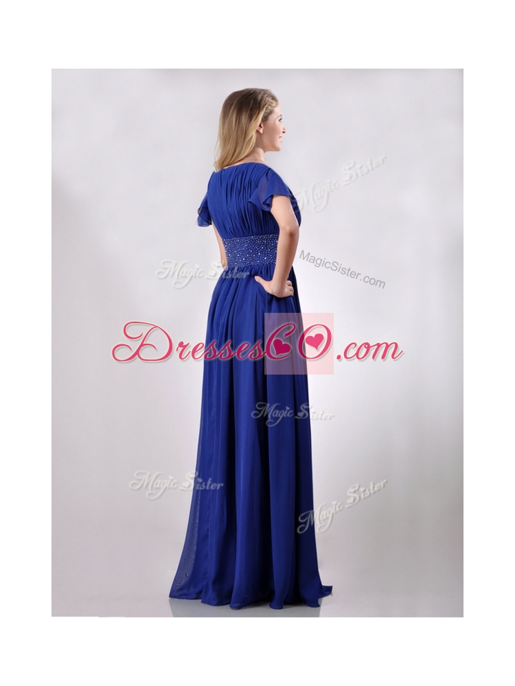 Low Price V Neck Beaded Blue Long Discount Mother Dress with Short Sleeves