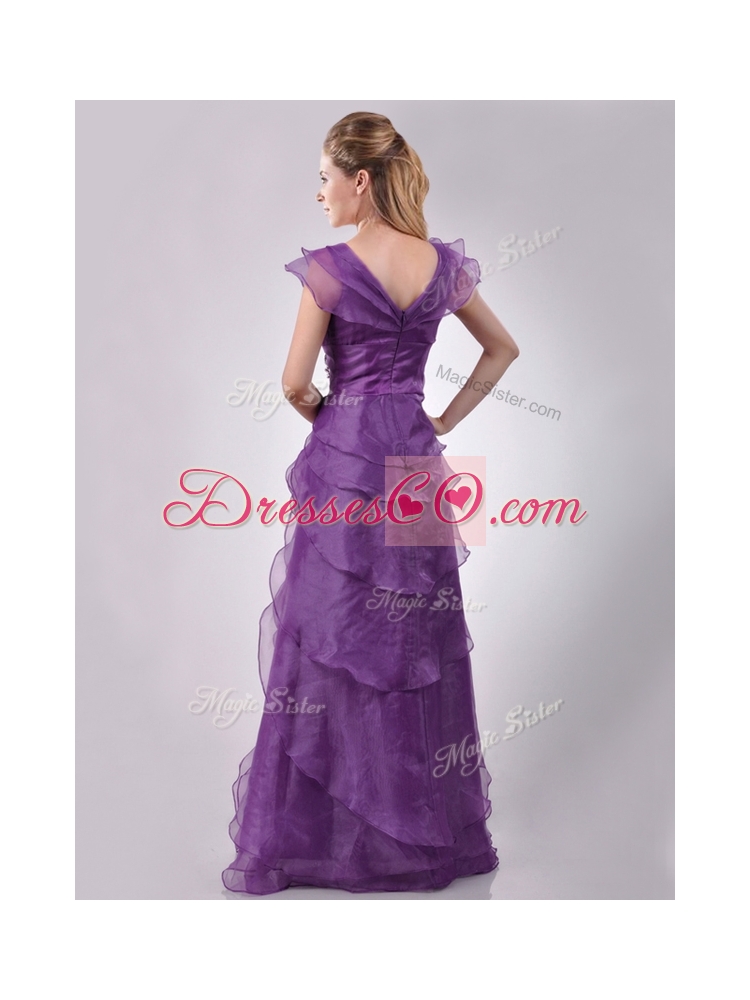 Low Price V Neck Eggplant Purple Discount Mother Dress with Beading and Ruffles