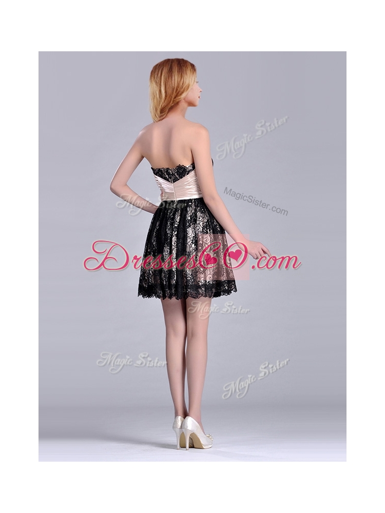 Modern Strapless Black Short Bridesmaid Dress with Lace and Belt
