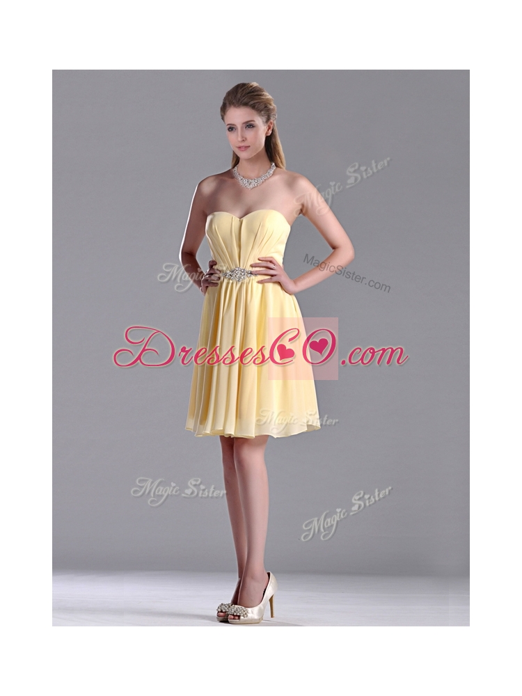 Modest Empire Chiffon Yellow Short Bridesmaid Dress with Beading