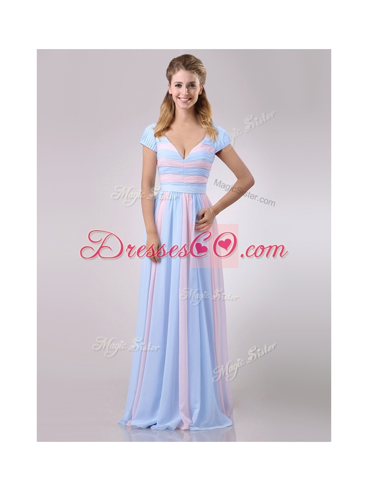 New Deep V Neckline Chiffon Prom Dress in Baby Pink and Light Blue