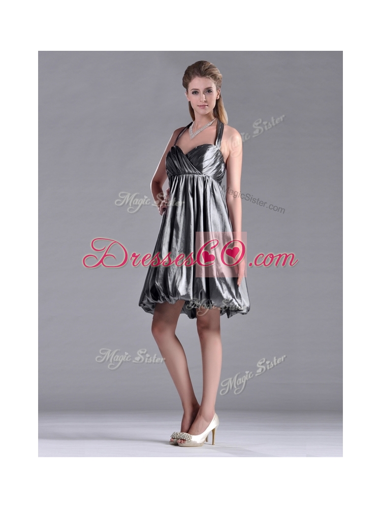 New Style Halter Top Taffeta Silver Bridesmaid Dress with Backless