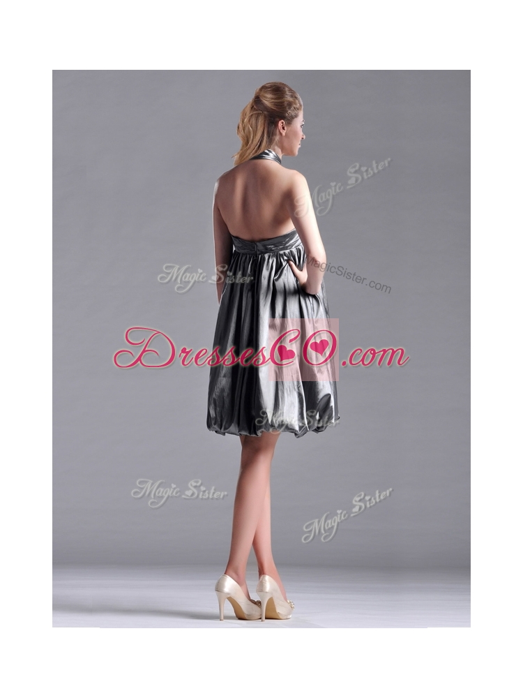 New Style Halter Top Taffeta Silver Bridesmaid Dress with Backless