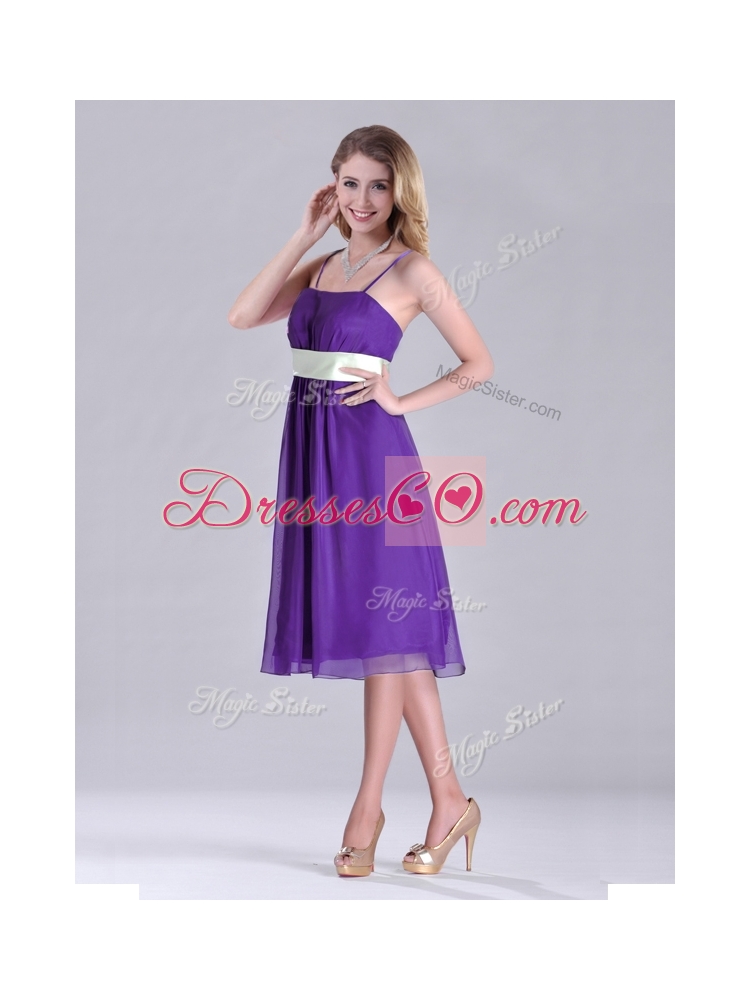 Romantic Spaghetti Straps Belted Eggplant Purple Prom Dress in Tea Length