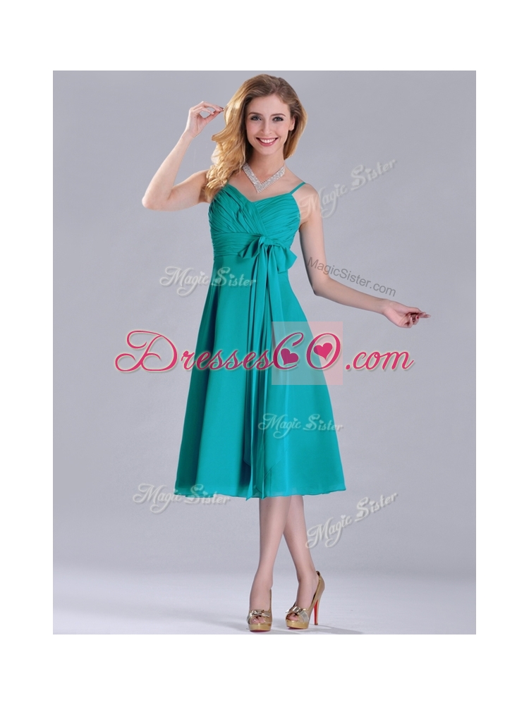 Spaghetti Straps Ruched and Belted Turquoise  Dama Dress Quinceanera in Tea Length