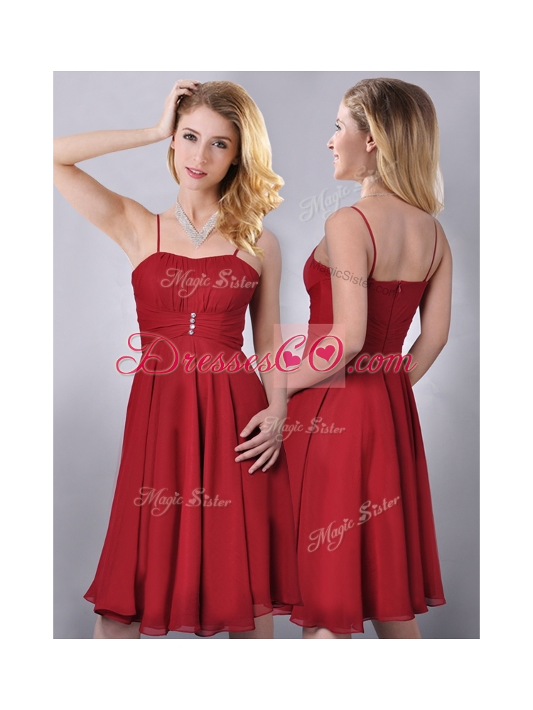 Cheap Spaghetti Straps Knee Length Chiffon Junior Bridesmaid Dress in Red