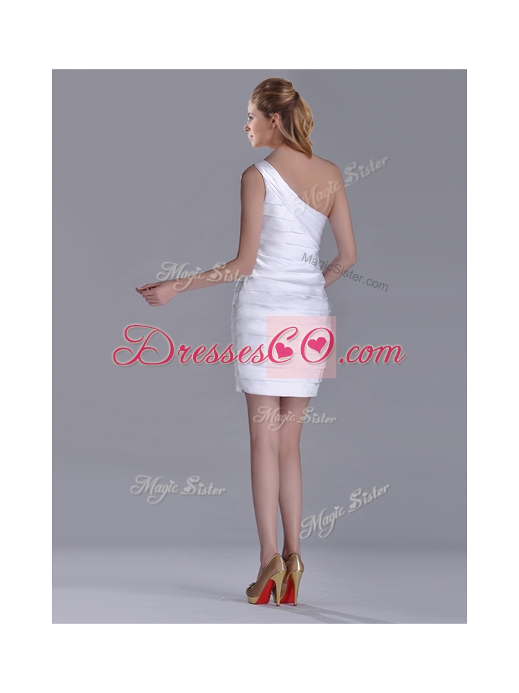 Column One Shoulder Ruched White Short Bridesmaid Dress for Homecoming