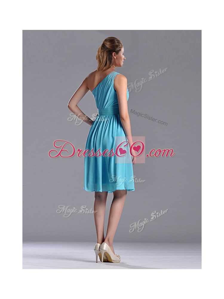 Discount Chiffon Baby Blue Knee Length Bridesmaid Dress with One Shoulder