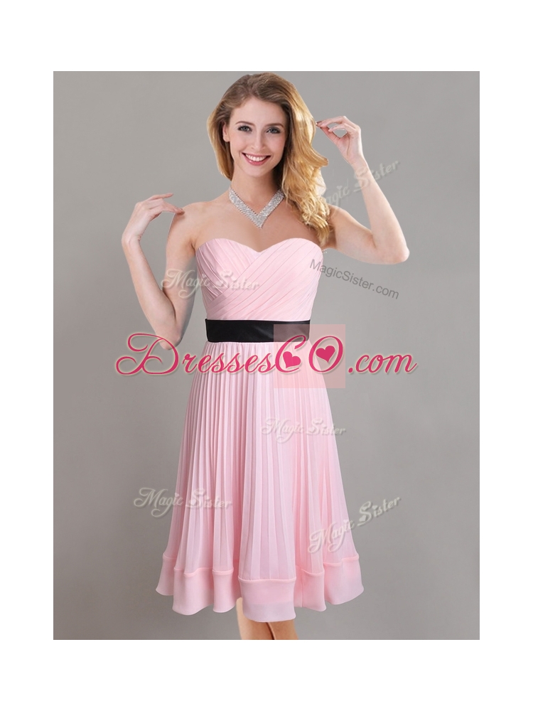 Discount Empire Pleated and Black Belted Bridesmaid Dress in Baby Pink