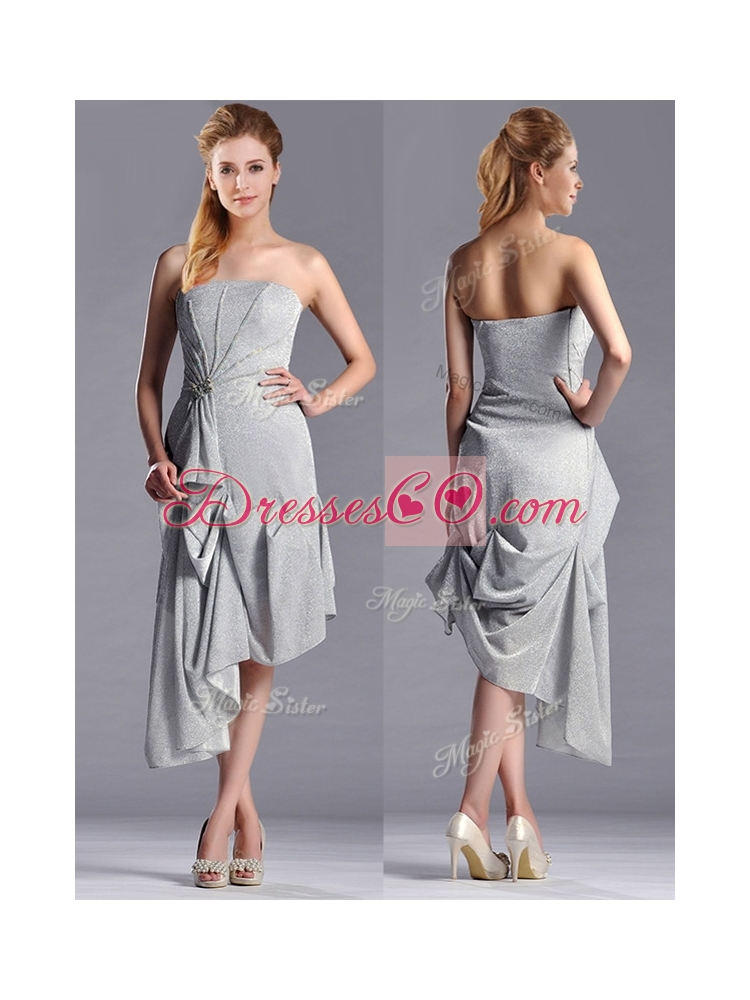 Discount Side Zipper Strapless Silver Discount Mother Dress in Asymmetrical