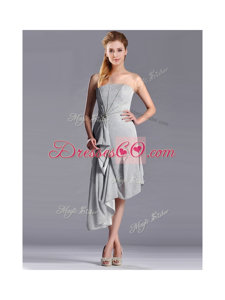 Discount Side Zipper Strapless Silver Discount Mother Dress in Asymmetrical