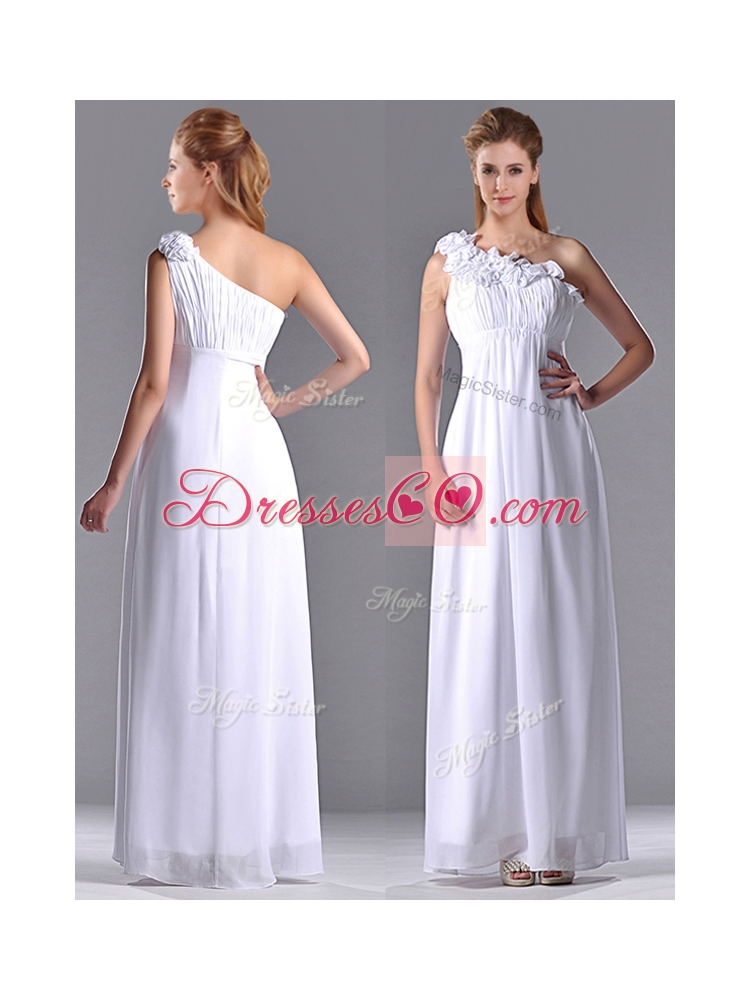 Elegant Empire Hand Crafted Side Zipper White Bridesmaid Dress with One Shoulder
