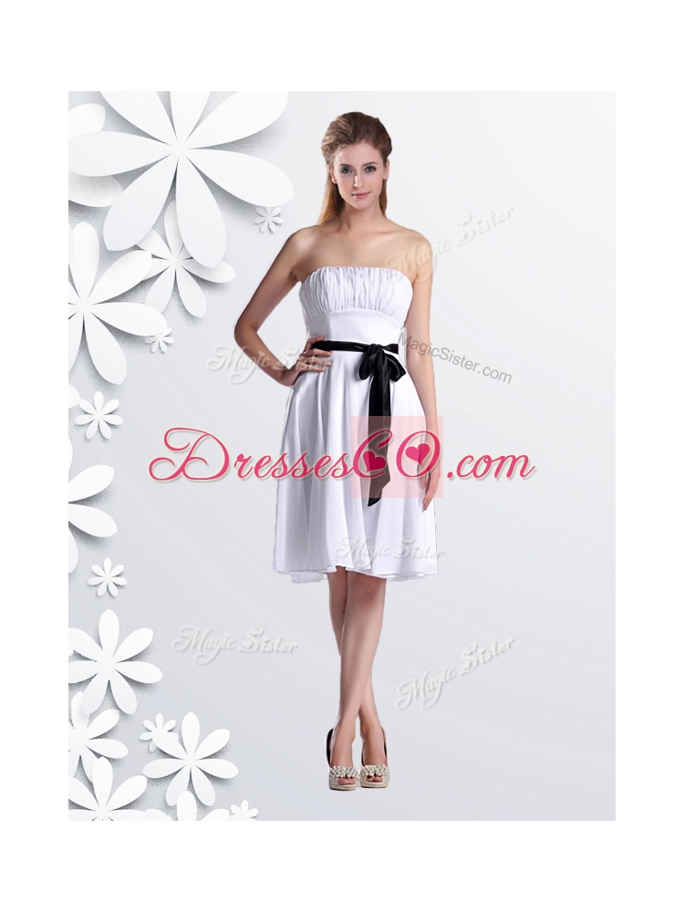 Elegant Empire Strapless Ruched and Be-ribboned White Bridesmaid Dress in Chiffon