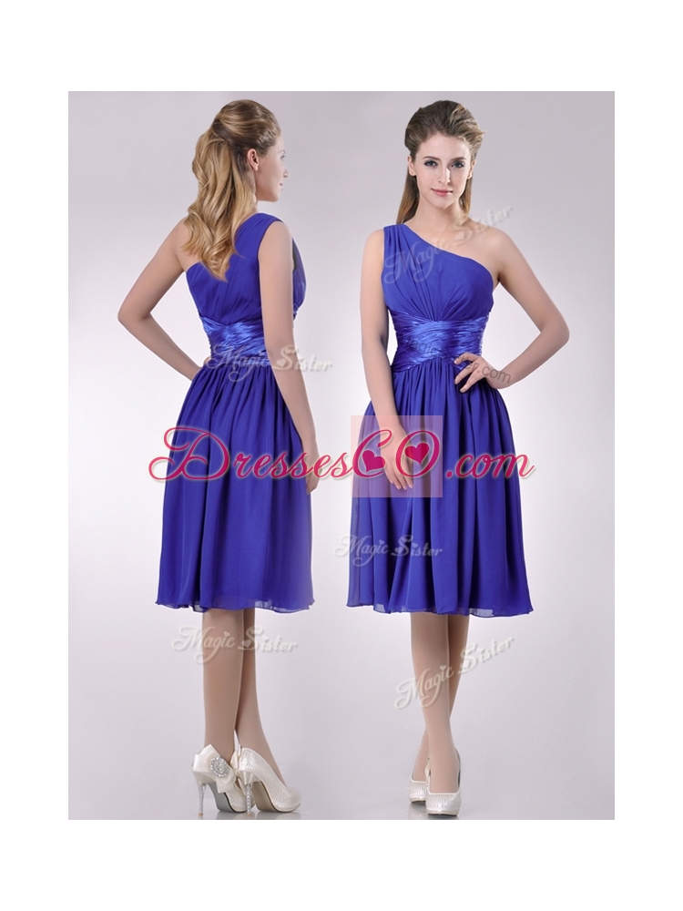 Elegant One Shoulder Chiffon Blue Bridesmaid Dress with Side Zipper