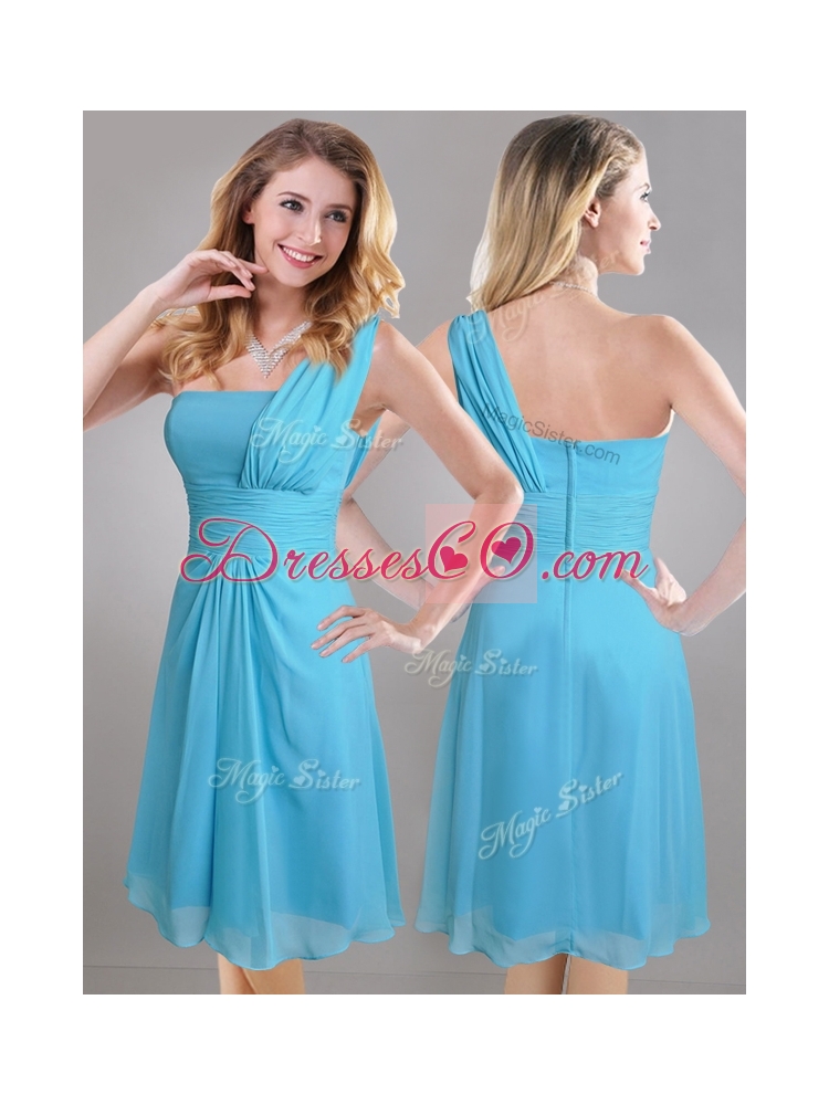 Elegant One Shoulder Ruched Chiffon Junior Bridesmaid Dress in Aqua Blue Color