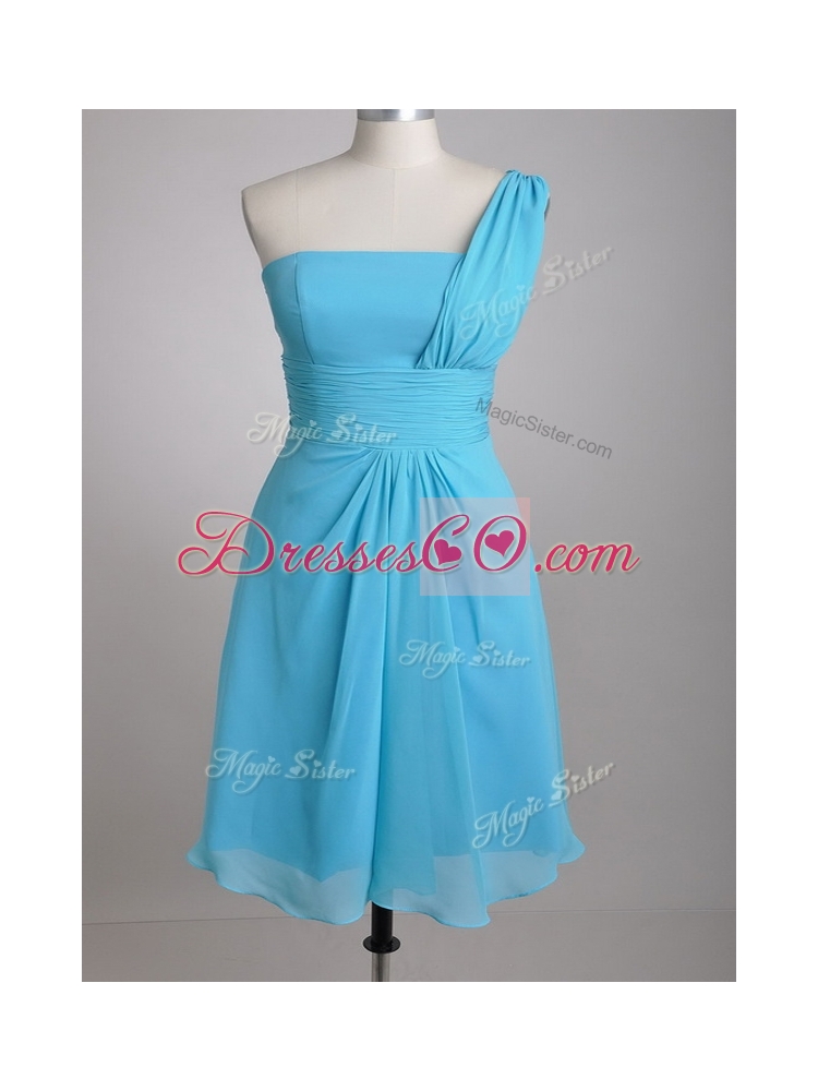 Elegant One Shoulder Ruched Chiffon Junior Bridesmaid Dress in Aqua Blue Color