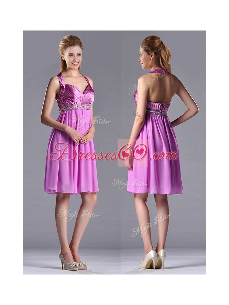 Empire Halter Knee-length Beaded Short Bridesmaid Dress in Lilac