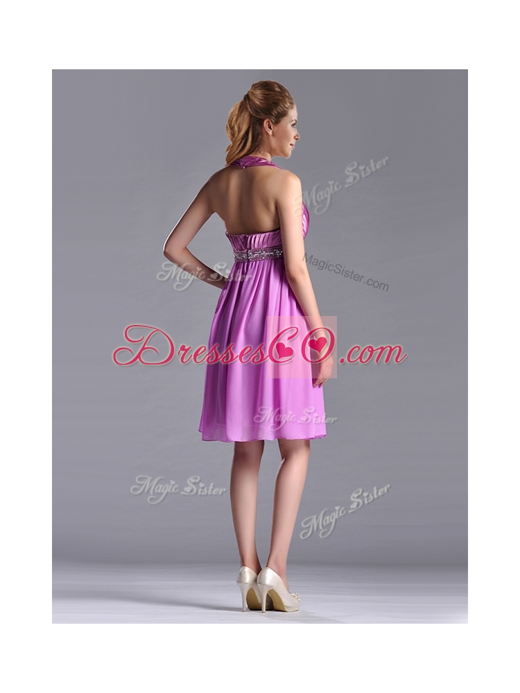 Empire Halter Knee-length Beaded Short Bridesmaid Dress in Lilac