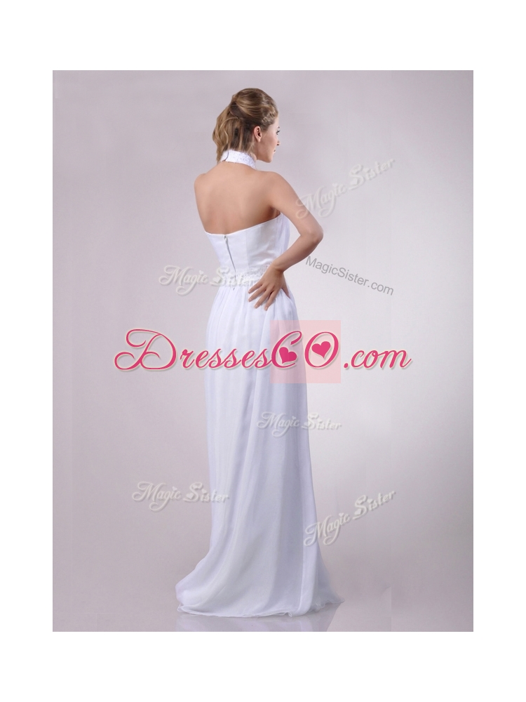Empire Halter Top Applique Decorated Waist White Bridesmaid Dress in Chiffon