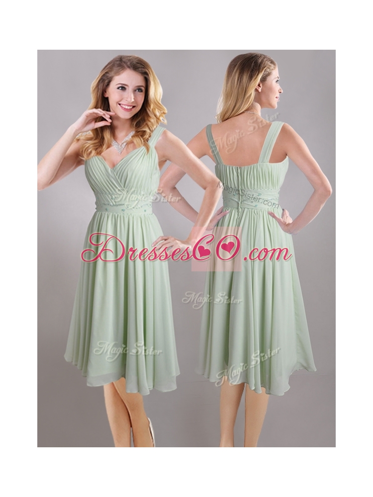 Exclusive Beaded and Ruched Apple Green V Neck Junior Bridesmaid Dress in Chiffon